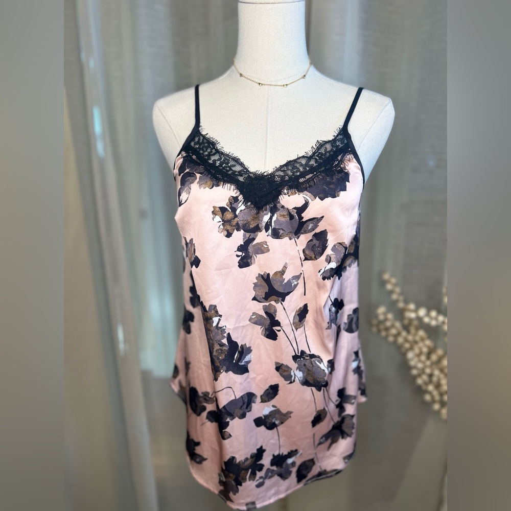 RW&CO pink and black floral satin-like tank with lace trim XS